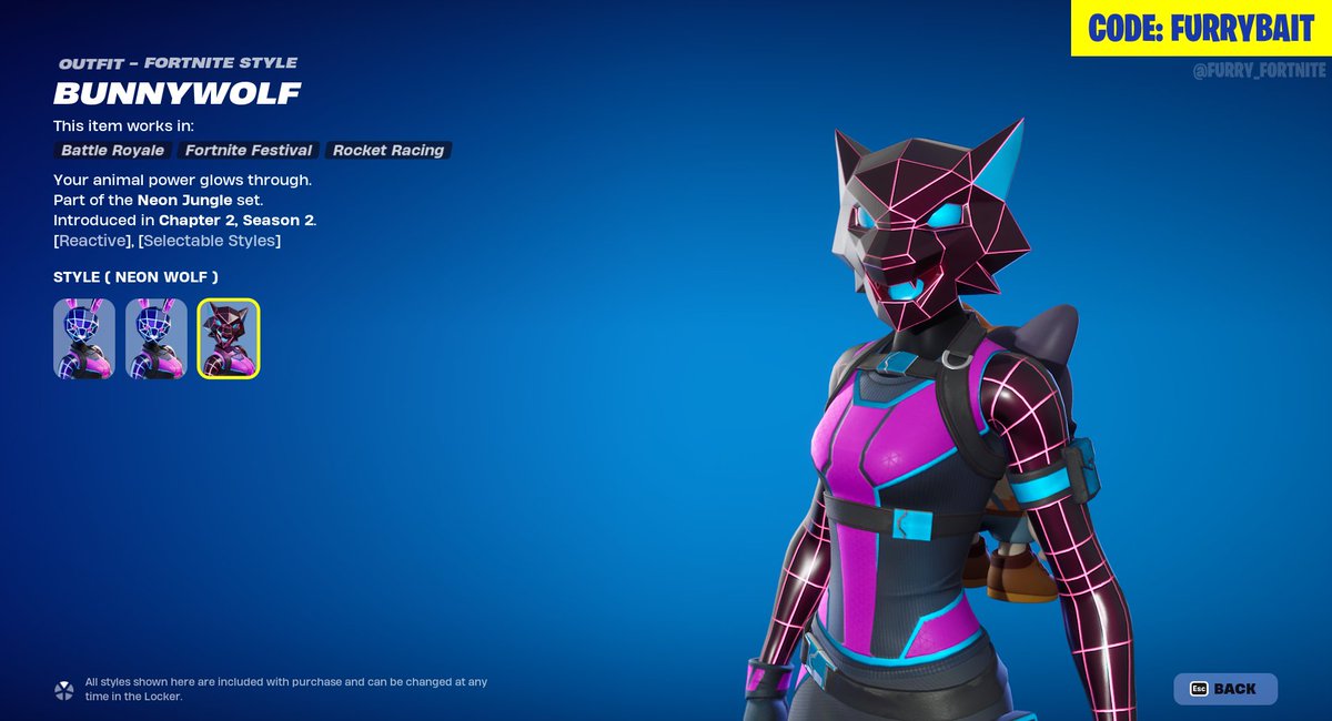 Bunnywolf, from the Neon Jungle set, is available today on the Item Shop! You can switch between the Bunny or Wolf styles by switching between Pickaxe and Weapons, or you can just choose one style in the locker.

Use code FURRYBAIT to support us! #EpicPartner #FurryFortnite