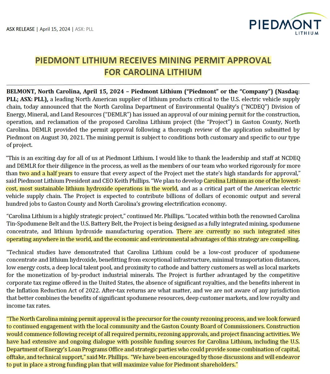 HUGE NEWS @PiedmontLithium #CarolinaLithium permit... From 2016 to 2021 this project alone helped $PLL reach🦄 valuation & attracted $TSLA at Battery Day as the poster child for a localized, conventional, critical mineral supply chain... Since then, sell-side analysts & Mr.…
