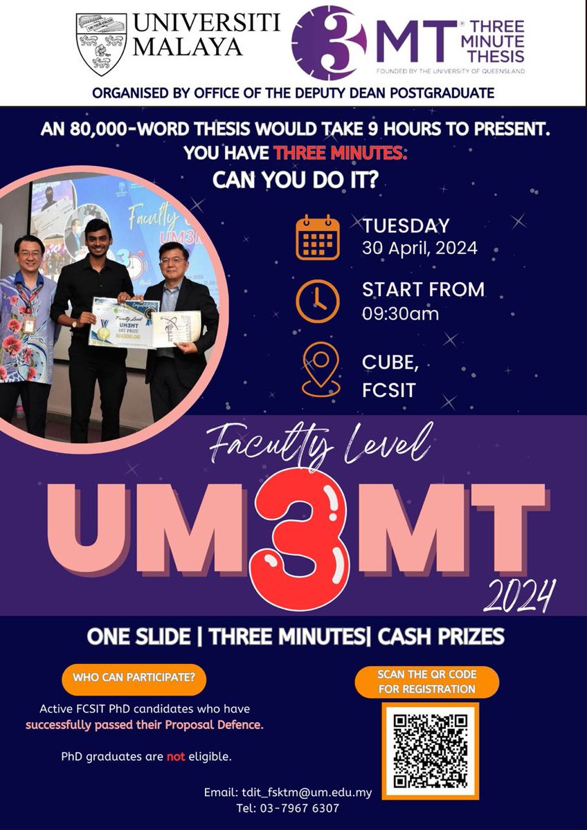 UM3MT 2024 competition [ faculty level]
 30 April 2024 (Tuesday) | 9.30am - 12.00 pm |
Cube, FCSIT

Registration docs.google.com/forms/d/e/UM3M…
Deadline : 23 April 2024
Further info: tdit_fsktm@um.edu.my,  03-7967 6307
Guidelines :fsktm.um.edu.my/fsktm/images/E…