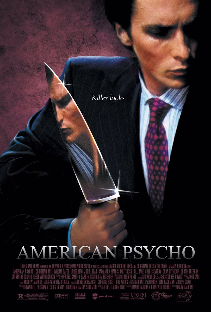 🎬MOVIE HISTORY: 24 years ago today, April 14, 2000, the movie ‘American Psycho’ opened in theaters!

#ChristianBale #ReeseWitherspoon #ChloeSevigny #JustinTheroux #JoshLucas #BillSage #MattRoss @JaredLeto #SamanthaMathis #WillemDafoe #CaraSeymour #GuinevereTurner #KristaSutton