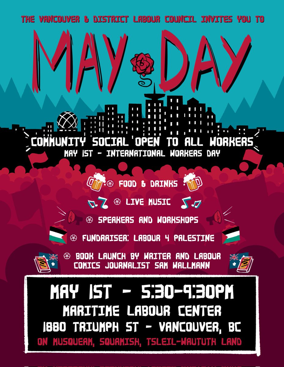 Come celebrate MAY DAY with us! The Canadian Animation Guild is helping out the fine labour delegates at @vancouverdlc in hosting a community social open to all workers in the Metro Van region! Come have a beer, listen to live music, and learn about the importance of May 1st✊️