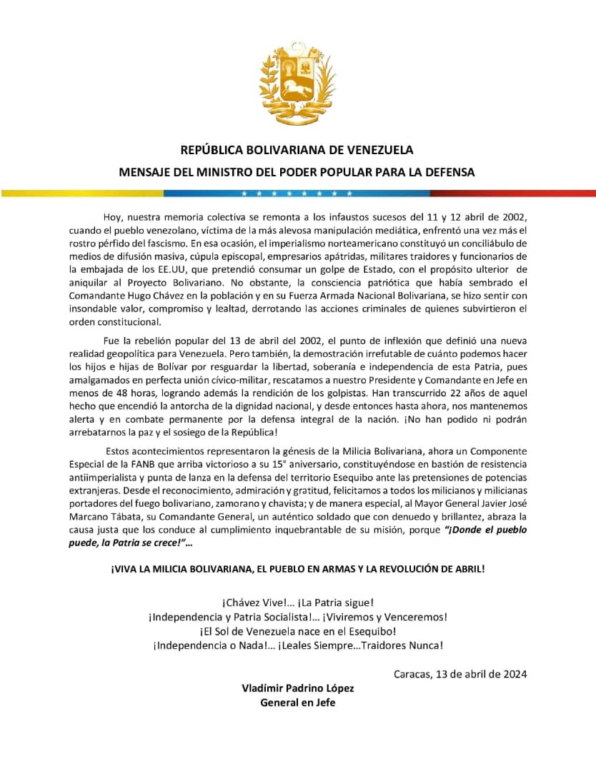 📄 #Importante || Mensaje del ciudadano G/J Vladímir Padrino López, en ocasión de celebrarse el Día de la Milicia Bolivariana, del Pueblo en Armas y de la Revolución de Abril. 🇻🇪

Enlace: acortar.link/RezTeO

#Todo11TieneSu13