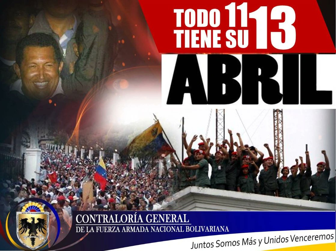 #Todo11TieneSu13 Hoy 
Conmemoramos 22 años de la #RebeliónCívicoMilitar, popular y democrática del #13Abril, pueblo valiente y revolucionario que logró rescatar a nuestro Comandante Hugo Chávez y darle continuidad al Proyecto Bolivariano.
¡Juntos Somos Más y Unidos Venceremos!