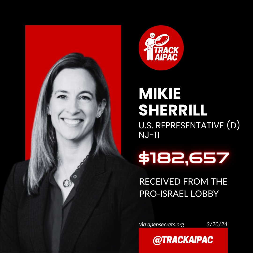 TrackAIPAC's tweet photo. @RepSherrill Mikie Sherrill is an AIPAC Rep. selling out herself and the people of #NJ11 to a foreign entity. #RejectAIPAC https://t.co/t1W8zYq3BA