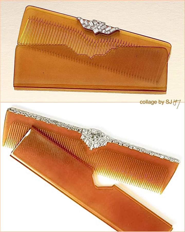 Tortoiseshell and diamond Combs And Sleeve, Cartier, 1930s The carved tortoiseshell comb applied with a geometric motif set with single-, step-cut and baguette diamonds, to a polished tortoiseshell sleeve, measurements approximately 97mm x 28mm x 5mm