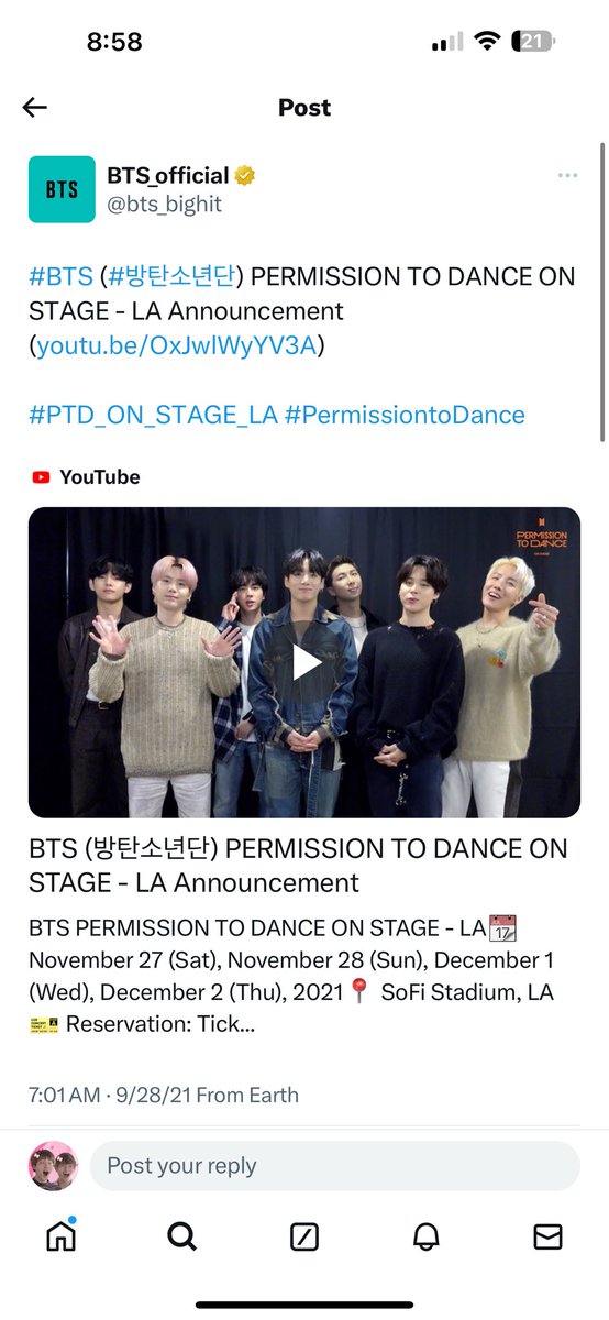 OKKK SO SEPTEMBER 28, 2021 WAS THE ANNOUNCEMENT OF PTD ON STAGE IN LA…so will there be an announcement again relating to a concert/tour 🤔🫨