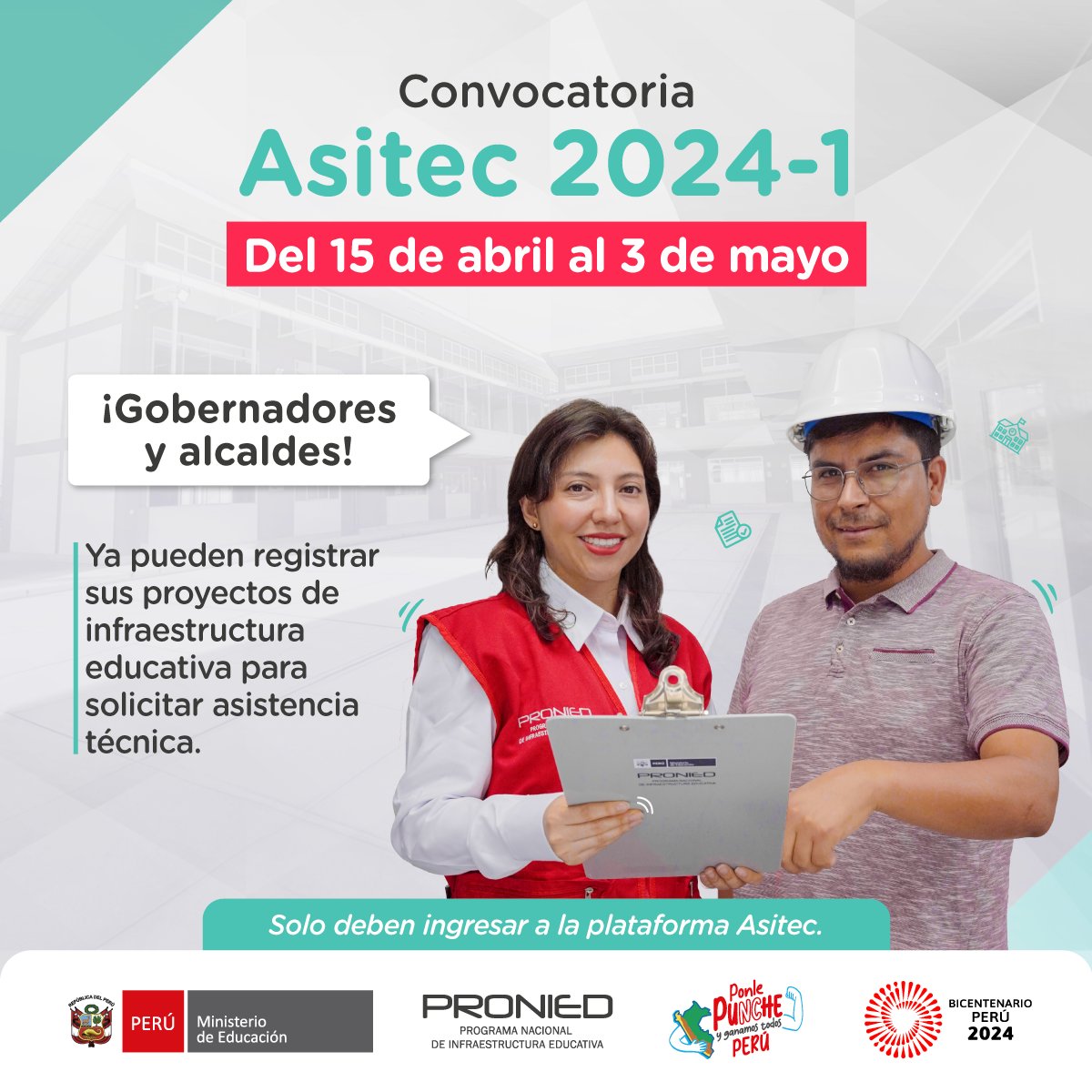 proniedperu's tweet photo. ¡A registrar sus solicitudes de asistencia técnica! Gobernadores y alcaldes, tienen hasta el 3 de mayo para hacerlo en la plataforma #Asitec: https://t.co/XwJ6aQGwLj.
Esta es su oportunidad de mejorar la calidad de sus proyectos de infraestructura educativa. #PresentaTuProyecto https://t.co/PudSftXjTV