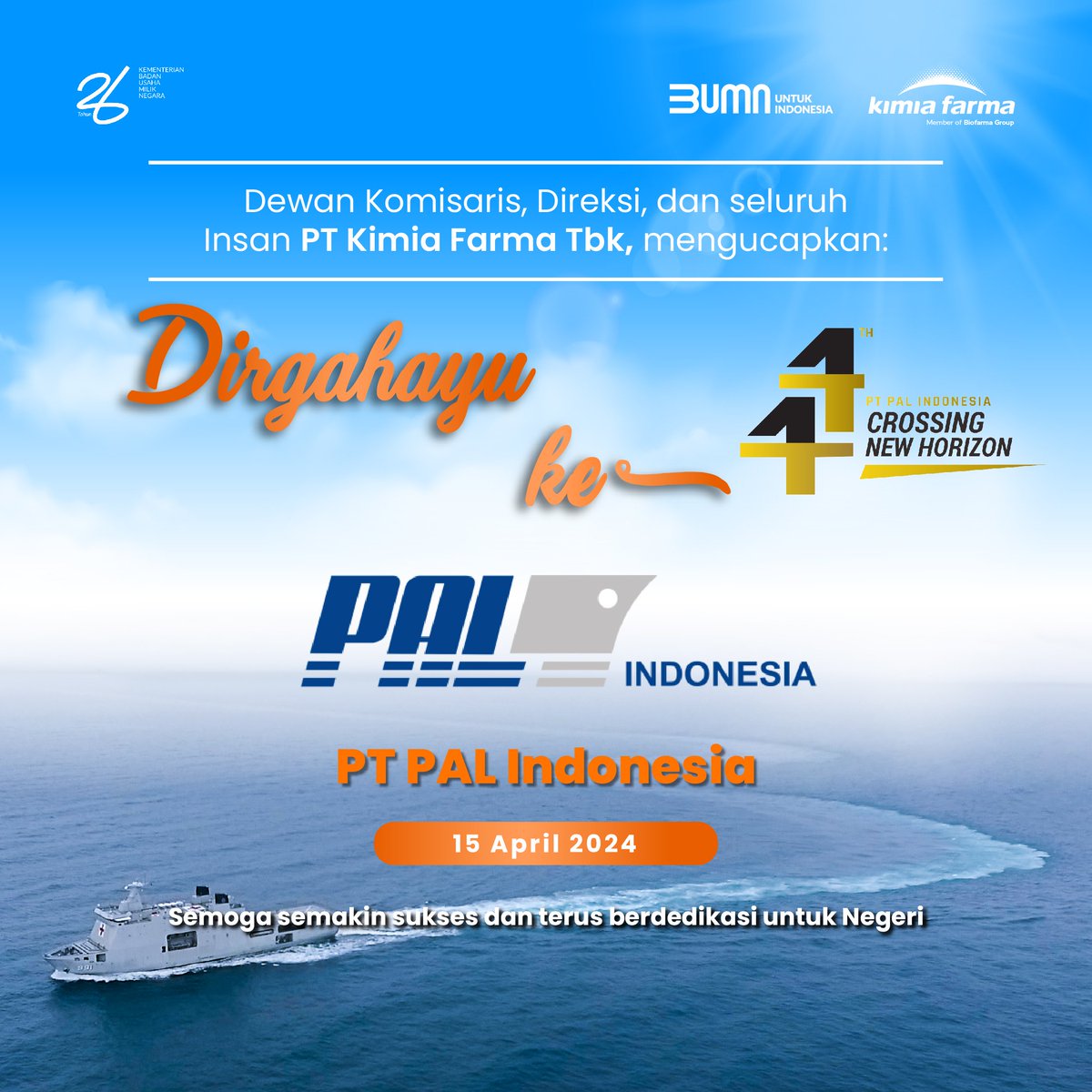kimiafarmaind's tweet photo. Segenap Dewan Komisaris, Direksi, dan seluruh Insan PT Kimia Farma Tbk, mengucapkan Dirgahayu ke-44 untuk PT PAL Indonesia. Semoga semakin sukses dan terus berdedikasi untuk negeri.
#IngatSehatIngatKimiaFarma #HUTPTPAL https://t.co/1p8JZRfQjc