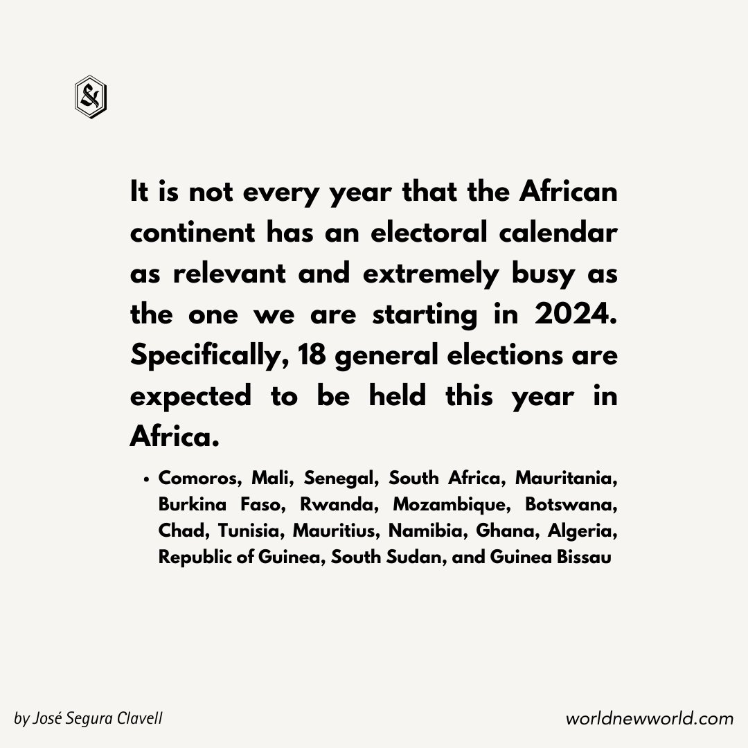 2024 has begun intensely and looks extremely busy for the neighboring continent

Full story by José Segura Clavell available in 7 languages on our website, worldnewworld.com/page/content.p…

#Africa #africaelections
#worldandnewworldjournal #worldandnewworld #worldnewworldjournal
