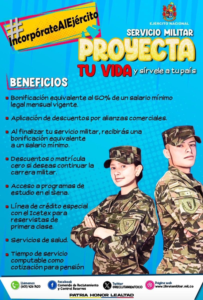 ¡Colombianos!, prestar el servicio militar en el @COL_EJERCITO les permite proyectar su vida y trabajar por el país. #IncorpórateAlEjército del 1 al 25 de mayo en nuestras 12 Zonas o 60 distritos militares de @RECLUTAMIENTOCO.
