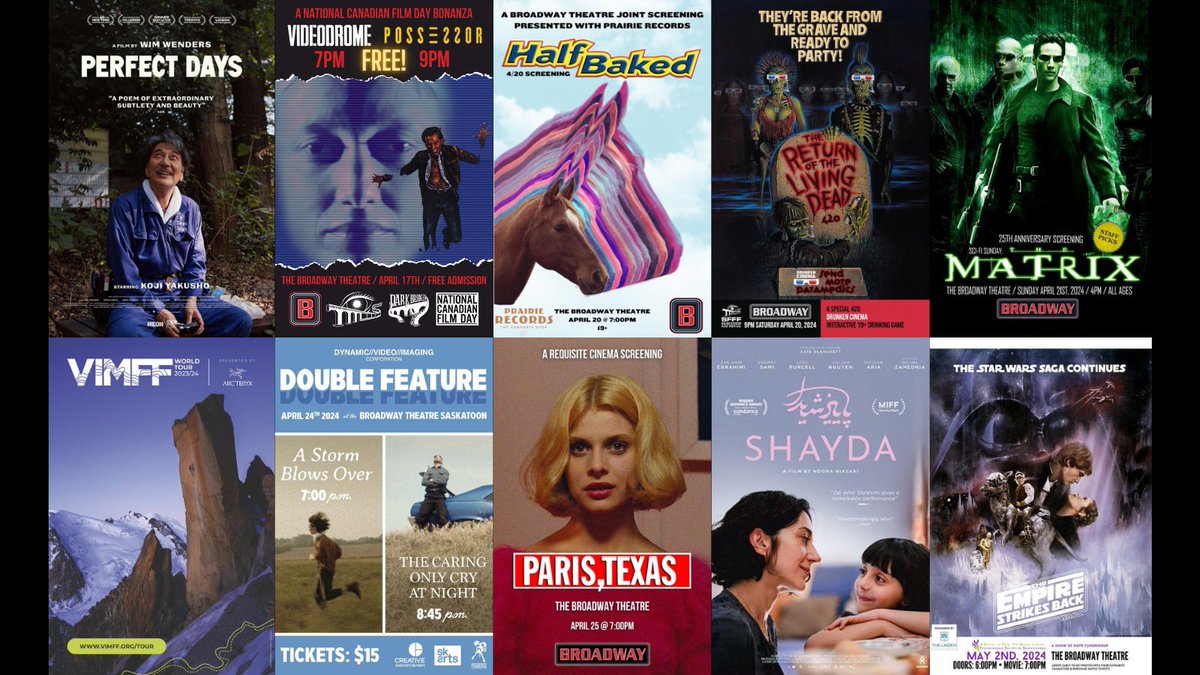 So many exciting movies coming up, and lots of fun events to go along with them! From Sci-Fi Sunday to a local double feature to a curated 4/20 night, we've got it all! 💥💙🍿 Find out more ➡️➡️➡️ broadwaytheatre.ca/films #YXE #Movie #Film #Saskatoon #Theatre