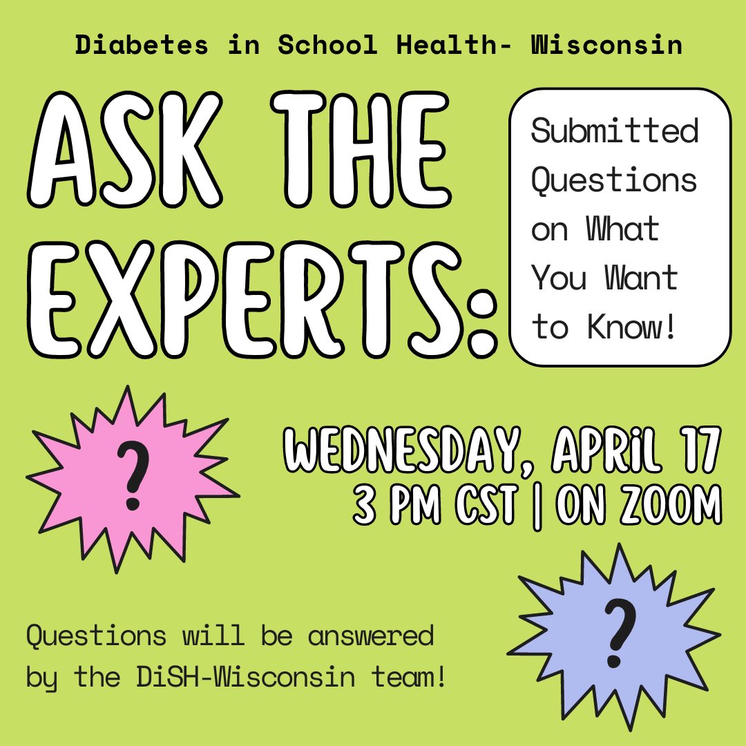 #DiSHWI April session is happening this Wednesday! 

Our #DiSHteam will be answering your most asked Q's from our recent survey! 

#DiabetesinSchoolHealth #DiSH #diabetes #type1diabetes #type2diabetes #diabetesatschool #insulin #schoolnursing #schoolnurse #WIschoolnurse #T1D #T2D