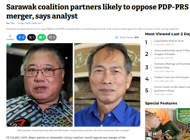 PETALING JAYA: Major parties in Sarawak’s ruling coalition would oppose any merger of the Progressive Democratic Party and Parti Rakyat Sarawak that would result in a united Dayak front, according to political analysts. James Chin of the University of Tasmania said Parti Pesaka…