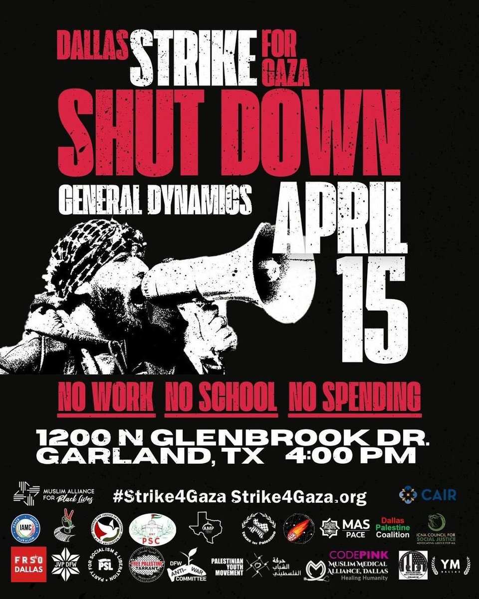 Dear Dallas, as we join the national #StrikeForGaza, let us convene in front of the factory literally generating the bombs being dropped on our brothers and sisters. We demand an end to the arms trade to Israel, an end to U.S. imperialism, a shut down of this abhorrent facility,…