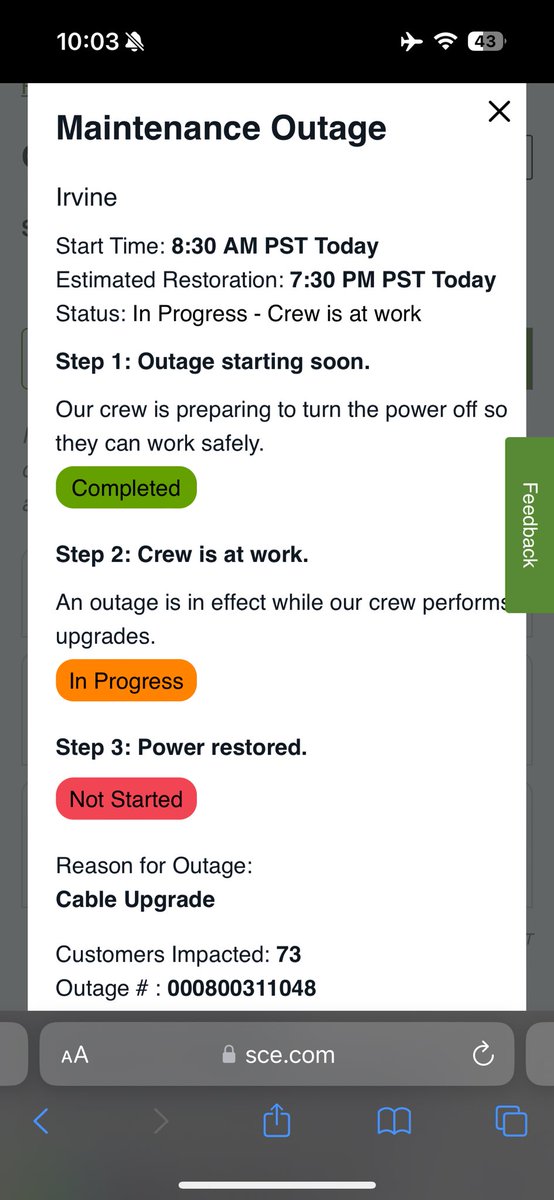 AtlantisNet's tweet photo. SCE reporting electric restoration at 7:30 PM now. https://t.co/z12Bgg7X4t