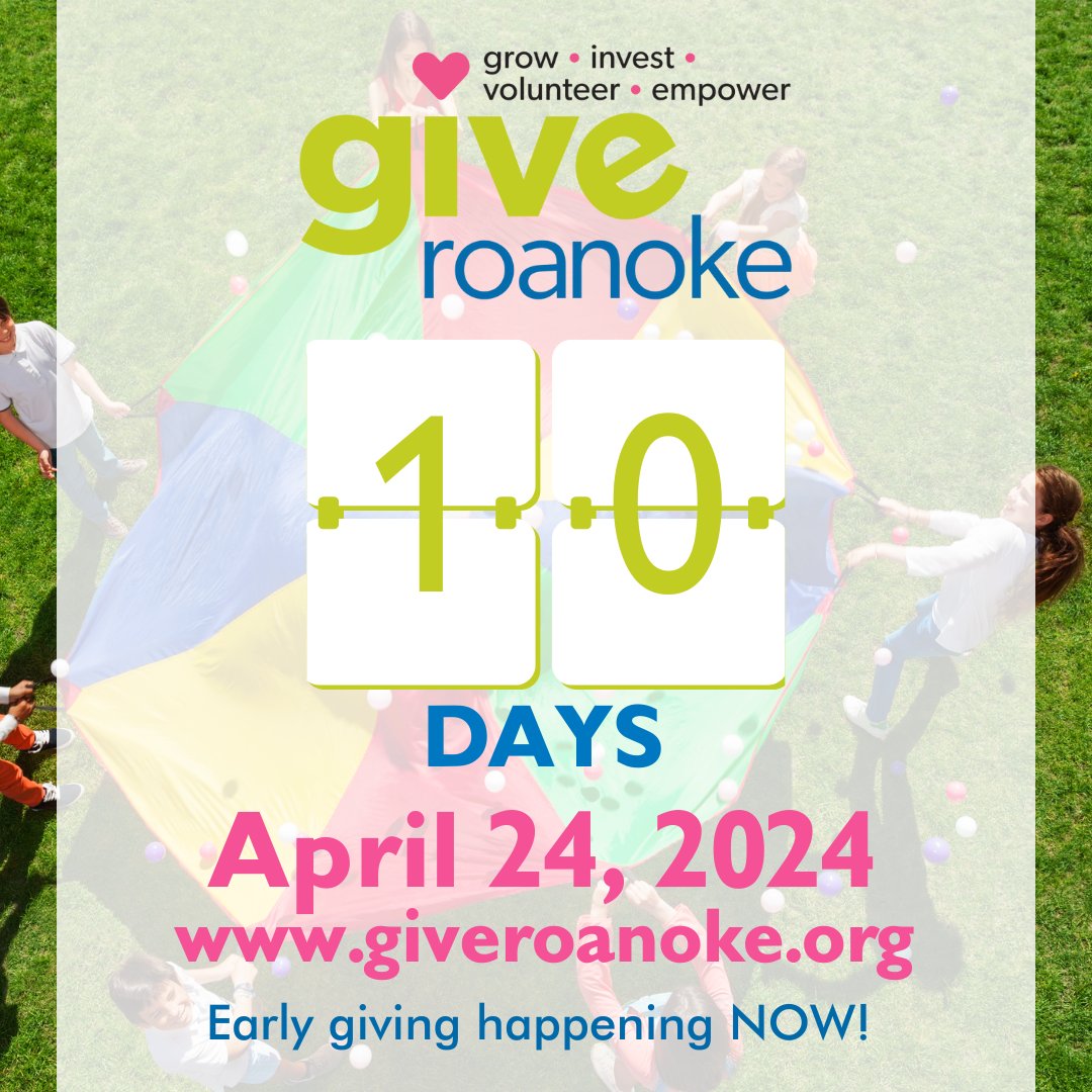 It’s the final countdown! 10 DAYS until GIVE Roanoke!
Early giving happening NOW at giveroanoke.org. YOU can invest in your community now - April 24, 2024, at 11:59 PM. #giveroanoke2024