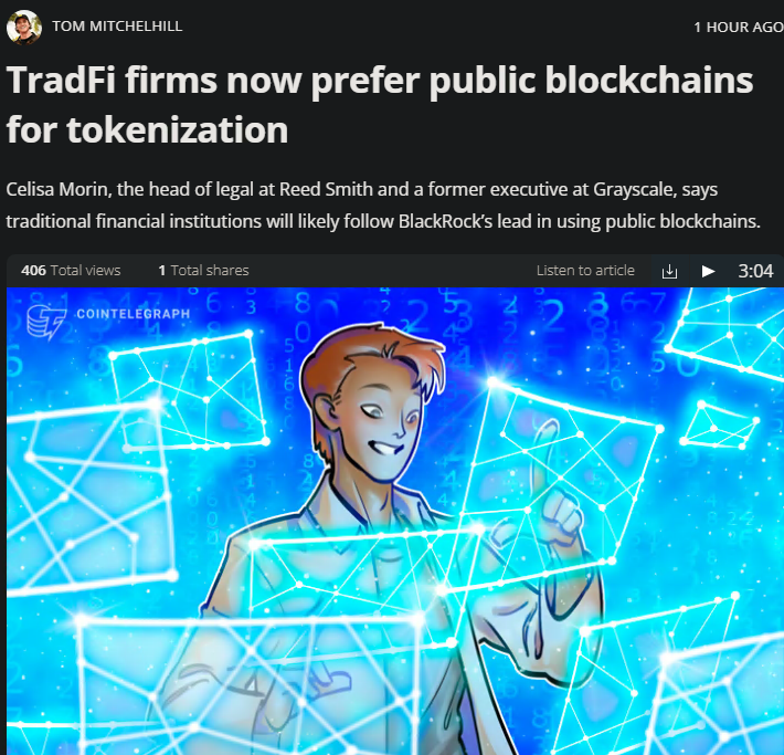 “Traditional financial institutions are preferring tokenization through public blockchains,” former Grayscale Vice President Celisa Morin told Cointelegraph. &amp; “It is likely that traditional institutions will follow lead and use public blockchains for tokenization.” 
<a href="/rvn/">Arvin</a>