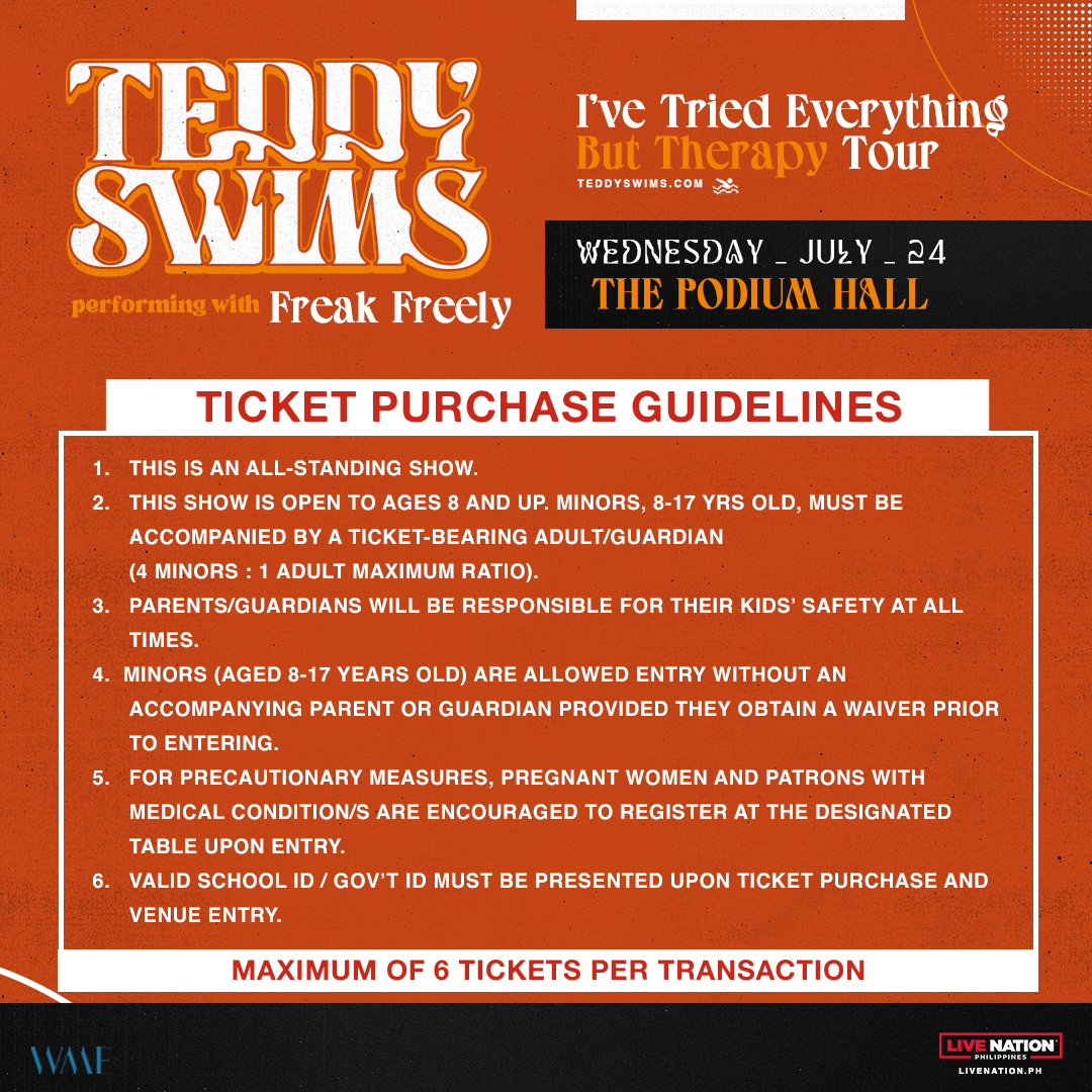 Reminder! 🔔 Fanclub presale for Teddy Swims: I've Tried Everything But Therapy Tour starts TODAY at 10am until 11:59pm. Visit teddyswims.com for more info. Teddy Swims: I've Tried Everything But Therapy Tour 📆July 24, 2024 📍The Podium Hall #TeddySwimsInManila