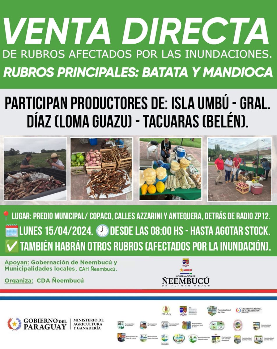 RadioZP12Pilar's tweet photo. 📍URGENTE | Confirman feria para mañana lunes en la explanada del Parque Carlo Antonio López detrás de Zp12.
✍Apoyemos a los productores afectados por las inundaciones .
#700AM
#GobiernoDelParaguay https://t.co/Okwzn9b1iN
