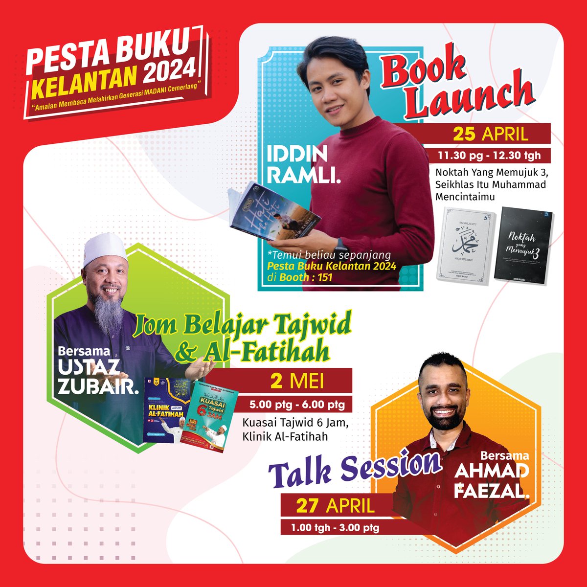 Nantikan penampilan istimewa ini di 𝗣𝗲𝘀𝘁𝗮 𝗕𝘂𝗸𝘂 𝗞𝗲𝗹𝗮𝗻𝘁𝗮𝗻 𝟮𝟬𝟮𝟰. Haaa maso ni lah nok jupo dan mintok autograph penulis buku kegemaran sek awok😍

🗓 25 April - 4 Mei 2024
⏰ 9.00 Pagi - 10.00 Malam
📍 Aras 2, Mydin Mall Tunjong, Kota Bharu