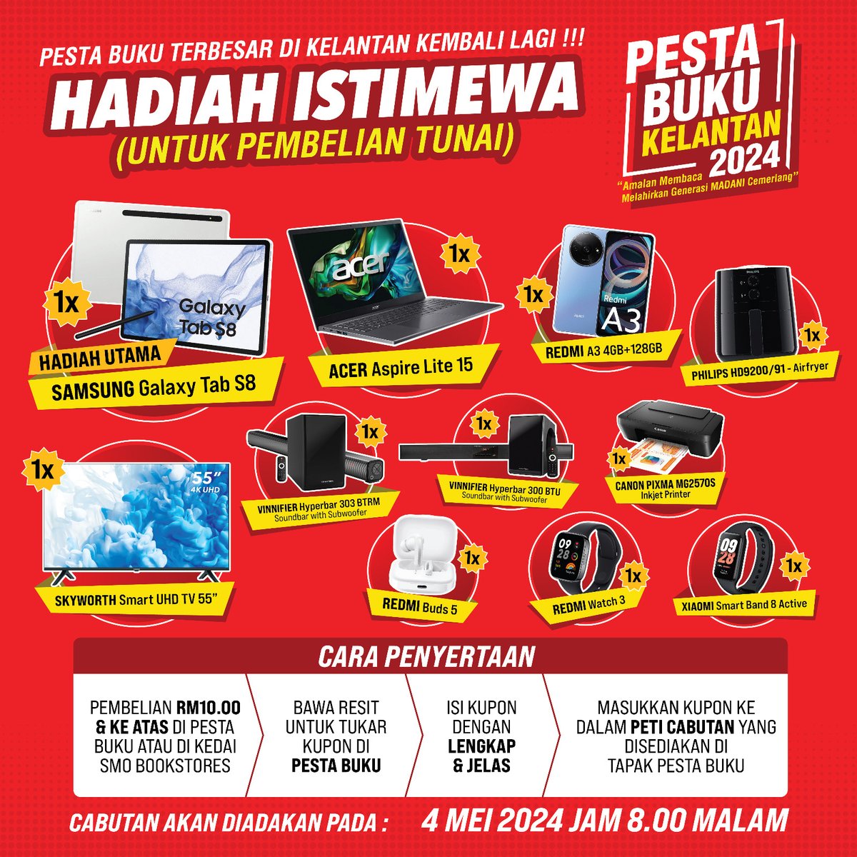 Hadiah menarik menanti sek awok di 𝗣𝗲𝘀𝘁𝗮 𝗕𝘂𝗸𝘂 𝗞𝗲𝗹𝗮𝗻𝘁𝗮𝗻 𝟮𝟬𝟮𝟰 @ 𝗠𝘆𝗱𝗶𝗻 𝗠𝗮𝗹𝗹 𝗧𝘂𝗻𝗷𝗼𝗻𝗴 ni 😍 Dengan 𝗽𝗲𝗺𝗯𝗲𝗹𝗶𝗮𝗻 𝗥𝗠𝟭𝟬 &amp; 𝗸𝗲 𝗮𝘁𝗮𝘀 jah, sek awok buleh dapat hadiah tu 🥳

🗓 25 April - 4 Mei 2024
⏰ 9.00 Pagi - 10.00 Malam