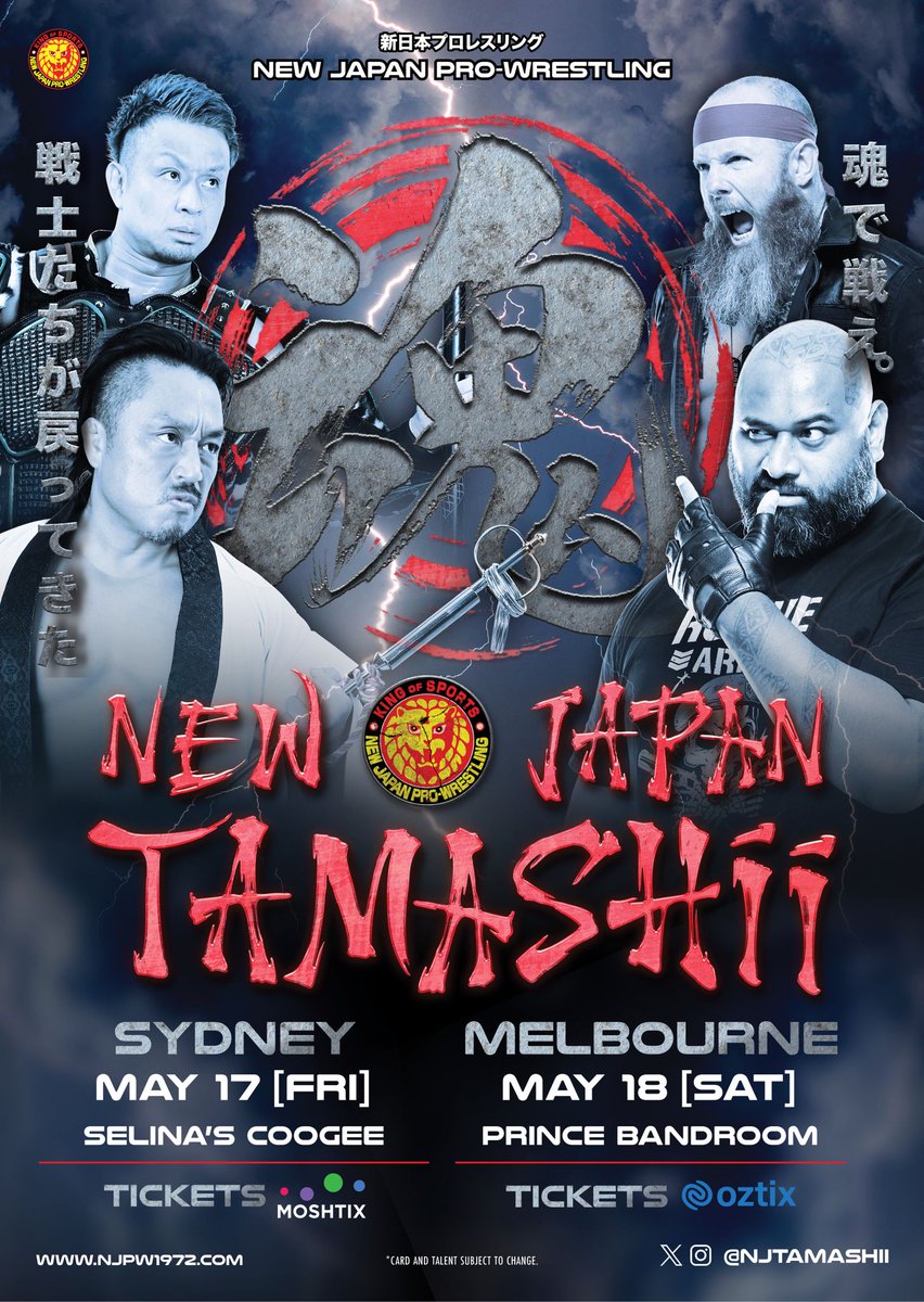 #njpwTAMASHII is BACK! May 17 in Sydney and May 18 in Melbourne, TAMASHII sees the best of Japan and Australasia, including IWGP Tag team Champions Bishamon! Tickets are on sale NOW! njpw1972.com/174690