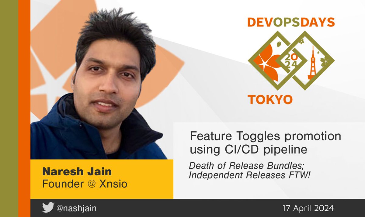 First time in Japan. Super excited to be presenting my experience on 'Feature Toggle Promotion via CI/CD Pipeline' at @DevOpsDaysTYO #DevOpsDays #Tokyo. If you are in Tokyo on April 16-17, let's catch up! confengine.com/conferences/de…