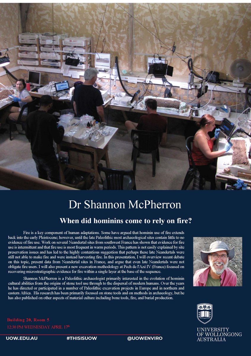 UOW Archaeology (@cas_uow) on Twitter photo 📢Dr Shannon McPherron @spmcpherron from <a href="/MPI_EVA_Leipzig/">MPI-EVA Leipzig</a> is giving a talk this Wednesday at UOW on Neanderthal and fire use. Come join us! 📢Dr Shannon McPherron @spmcpherron from <a href="/MPI_EVA_Leipzig/">MPI-EVA Leipzig</a> is giving a talk this Wednesday at UOW on Neanderthal and fire use. Come join us!