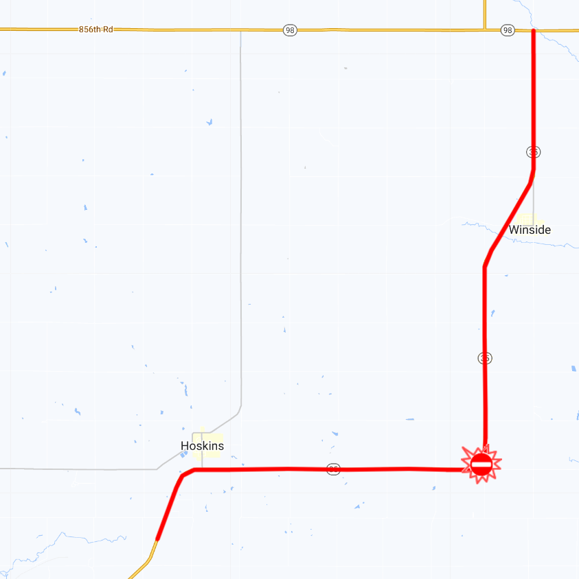 Nebraska511's tweet photo. #WayneCounty #Hoskins #Winside Highway closure due to a crash, Hwy 35 between MM 6 &amp; MM 21.

Hwy 35 is Closed to all traffic except emergency vehicles.

Use Alternate Route. https://t.co/WAHIGKUiWG