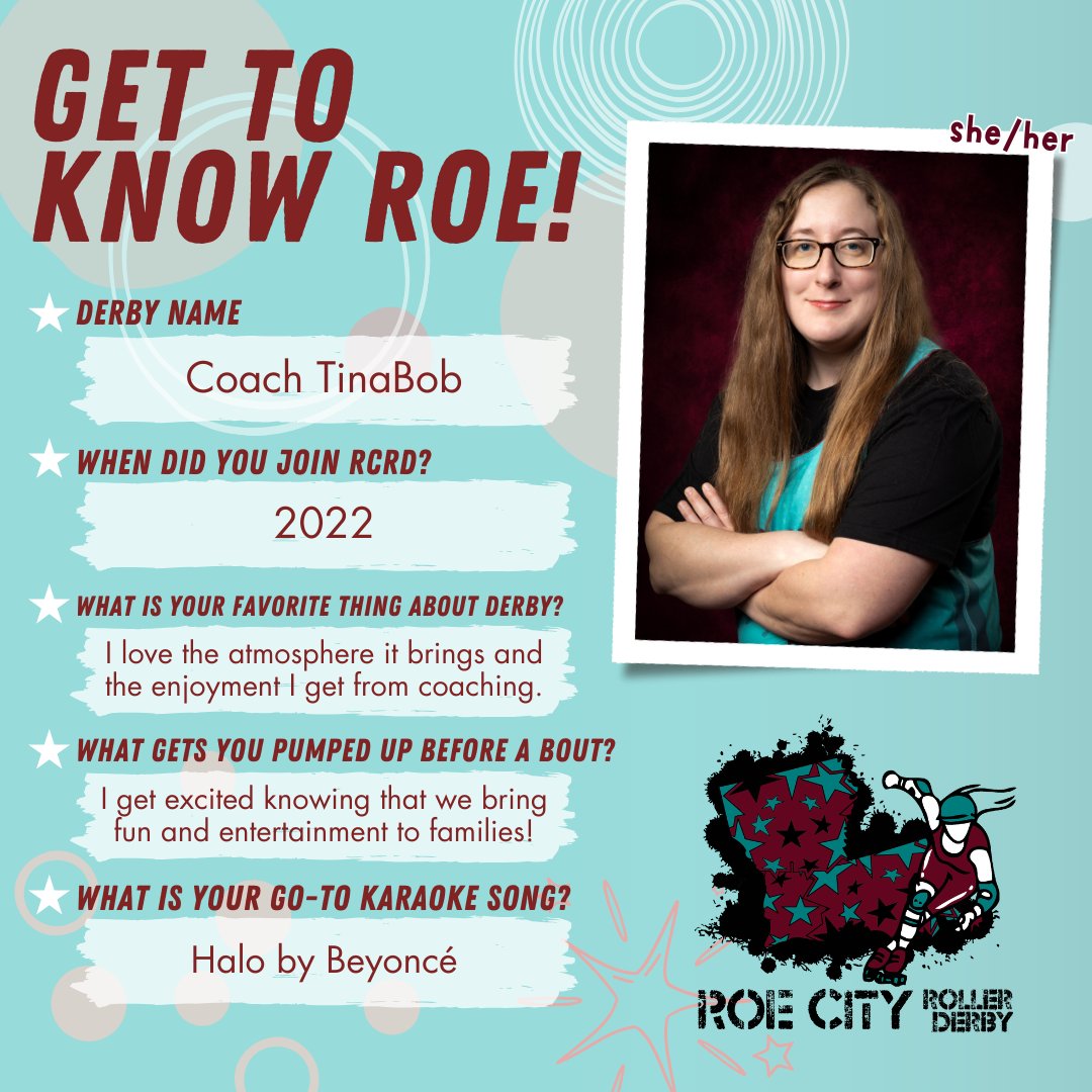 Our first bout on May 4 is coming up faster than we know it! Over the next few weeks, we will be introducing our rostered skaters and coaches, as well as our NSOs!!! 🛼🩵💜💪
The next person we are introducing is Coach TinaBob!

#RCRD #RoeCityRollers #RoeCityRollerDerby #RCR
