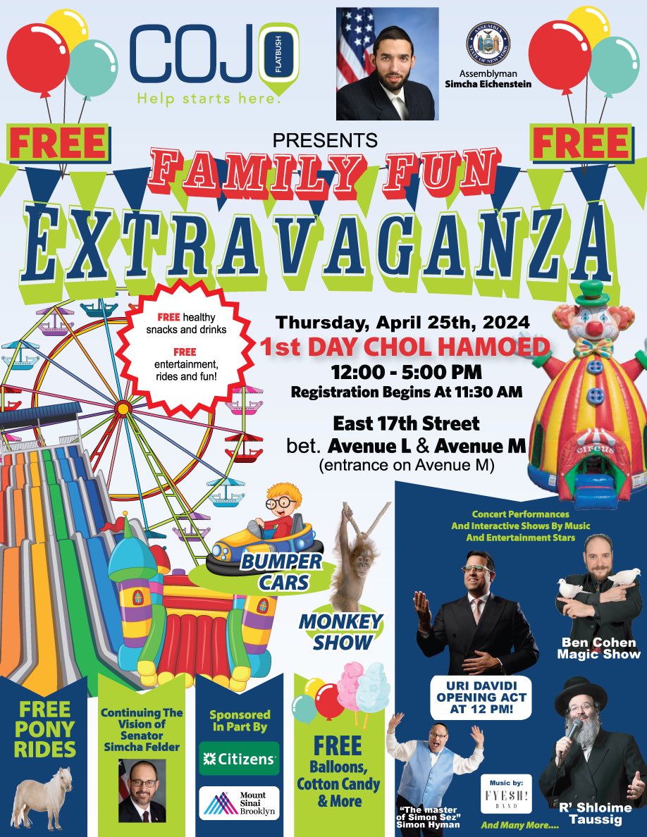 Wondering what to do next week during the holiday? We’ve got you covered! Join hundreds of local families at our amazing annual Family Fun Extravaganza which I am sponsoring together with @COJOFlatbush and is free of charge and open to all. Enjoy the many rides, activities,