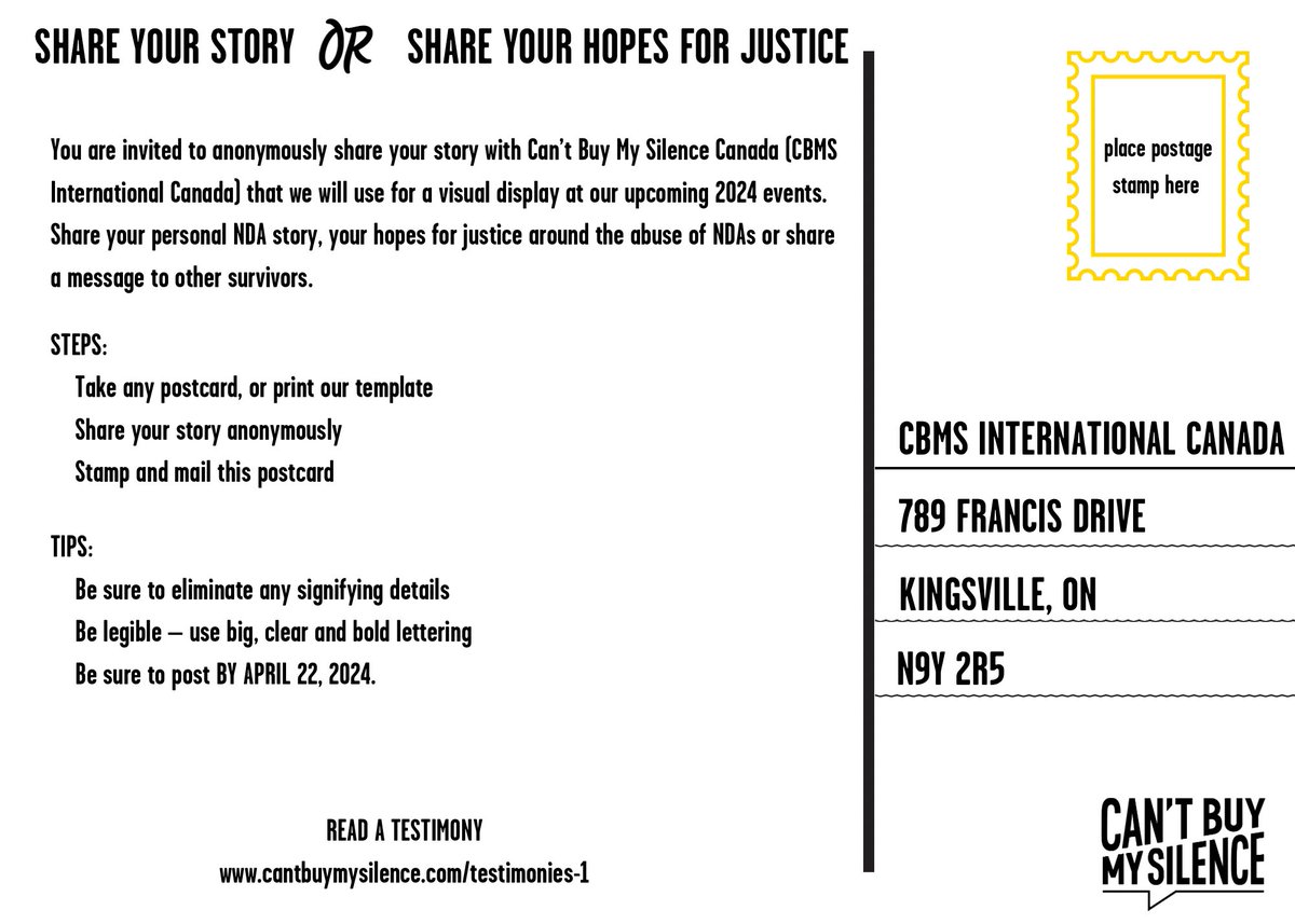 The postcards will be used in a visual display at our upcoming 2024 events to demonstrate the harm caused by the misuse of NDAs. Your voice is important to us as we continue to campaign, work with legislators to CHANGE the laws on the misuse of NDAs across Canada. 2/3