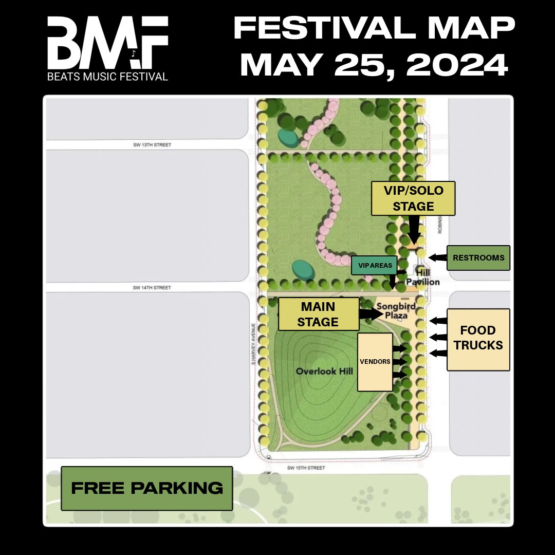 Beats Music Festival 2024: WHERE?

Take a look at our map graphic to see where BMF will be taking place and where you can park!

#BMF #BeatsMusicFestival #okcevents #okfestivals #okcmusic #livemusic #scissortailpark #oklahoma #musicfestival
