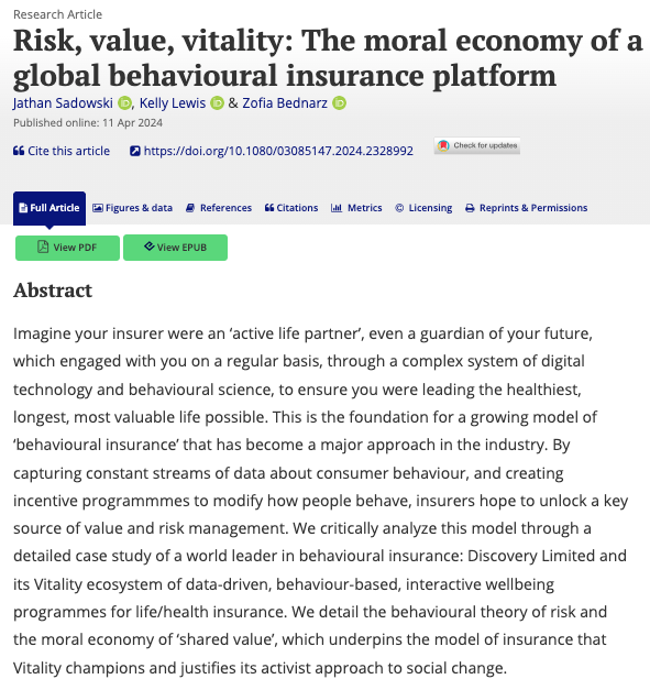 Our new paper is out in Economy & Society! We analyse the growing model of 'behavioral insurance'—based on capturing data about our lives and changing our daily habits—through a major case study of the Vitality ecosystem. @KLewisKnowledge @ZofiaBednarz1 tandfonline.com/doi/full/10.10…