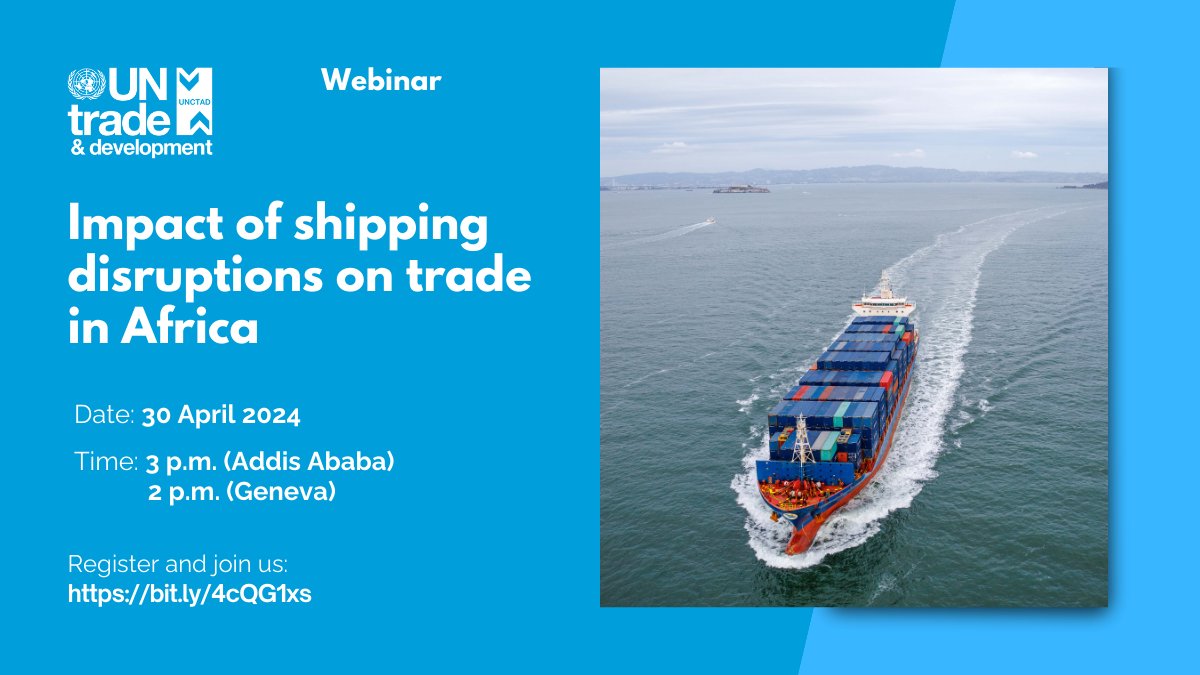 UNCTADinAfrica's tweet photo. African countries have been affected by disruptions in major global maritime trade waterways 🚢.  

Join @UNCTAD experts &amp; other stakeholders on 30 April to discuss the impact of the disruptions on trade in Africa &amp; identify solutions.

Register today: ➡️ https://t.co/Ag3Cy8JiNO https://t.co/US3vXVgLrj