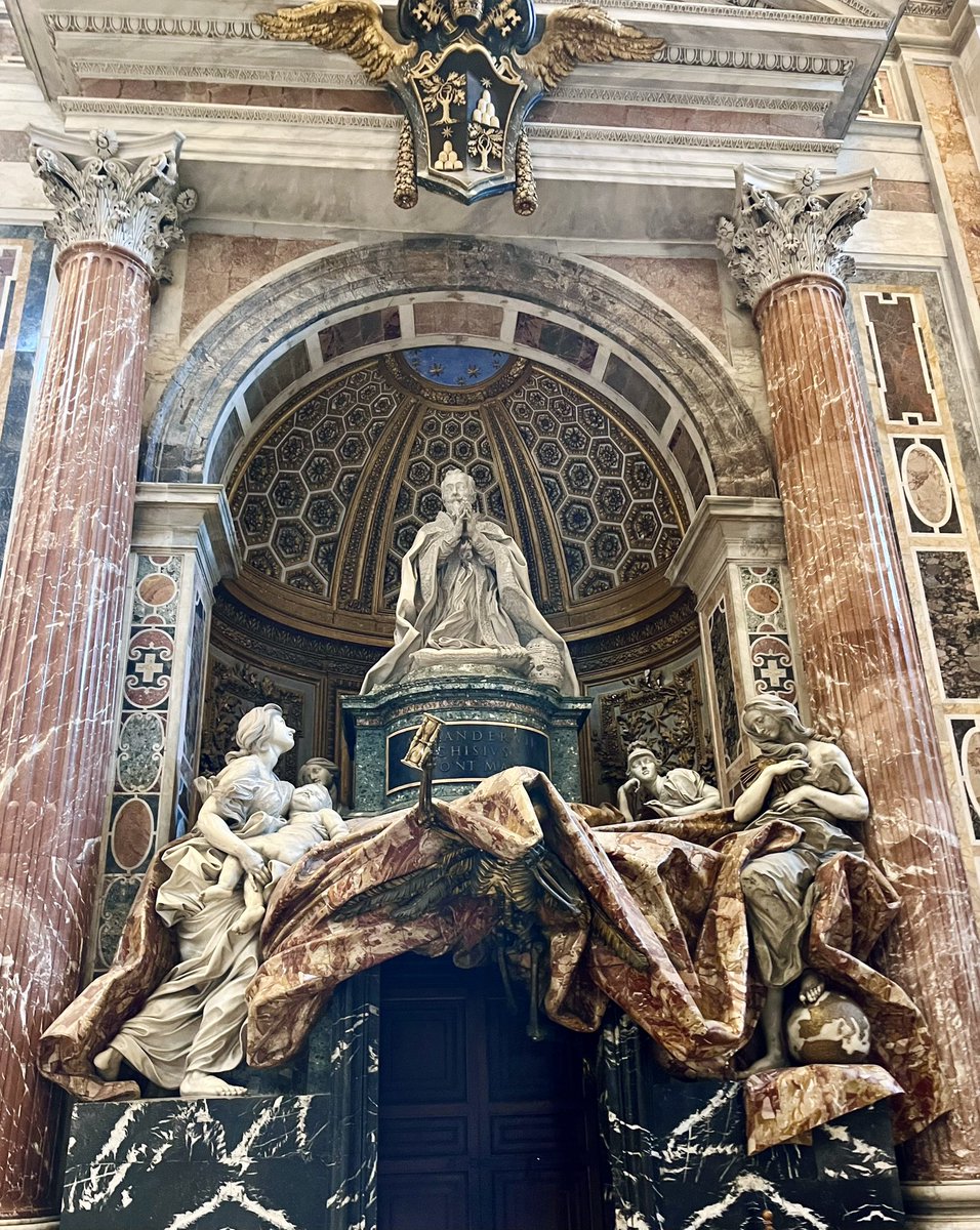 The tomb of Pope Alexander VII (by Bernini) in St Peter's Basilica depicts the pope in prayer and four female allegorical figures: Charity, Truth, Prudence and Justice. Death is portrayed as a winged skeleton holding an hourglass. #MementoMoriMonday