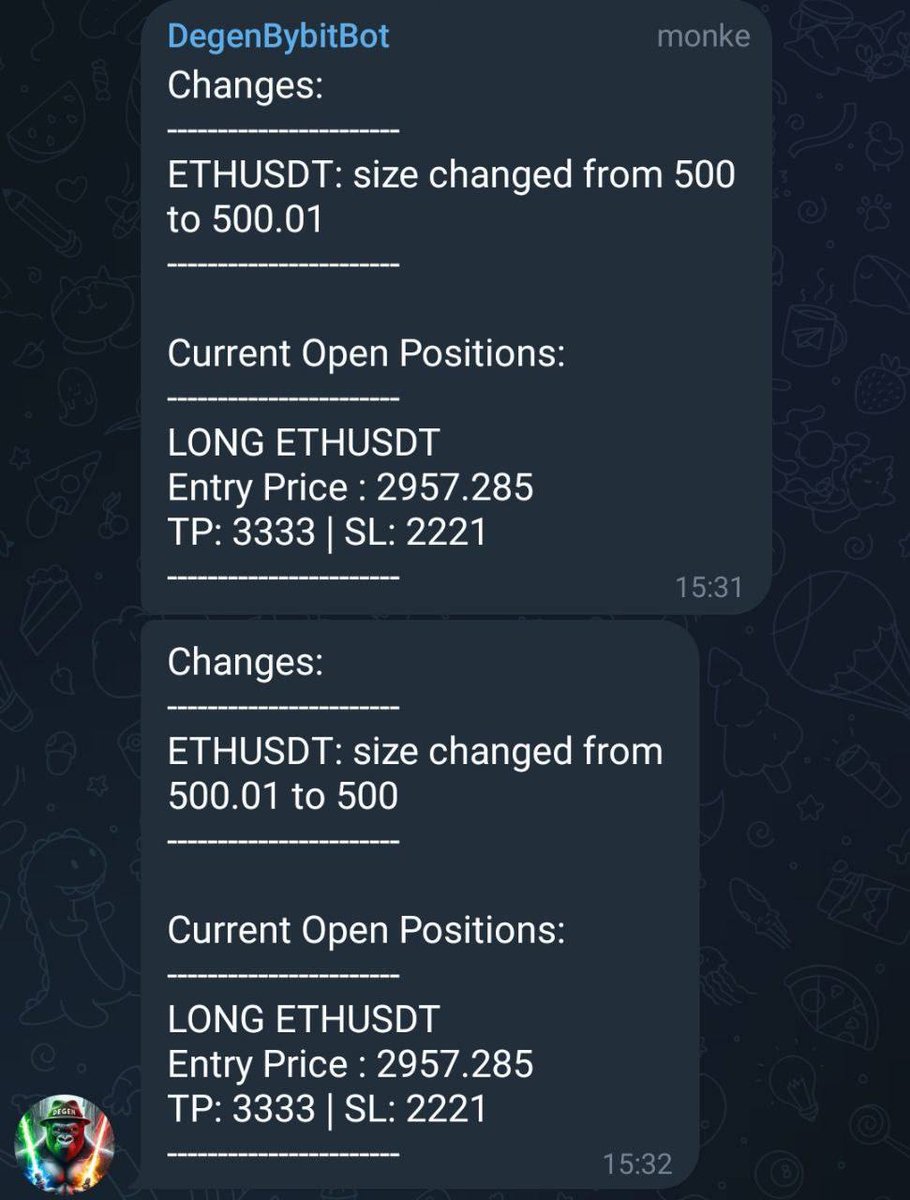 Quick announcement 

- I've had many, many requests for copy trading over the last 6 months.

- I heard you & have the next closest thing ready 

- A real time trade update bot : DegenBybit LiveUpdates Bot is almost ready. 

- I believe in the concept of always giving value to