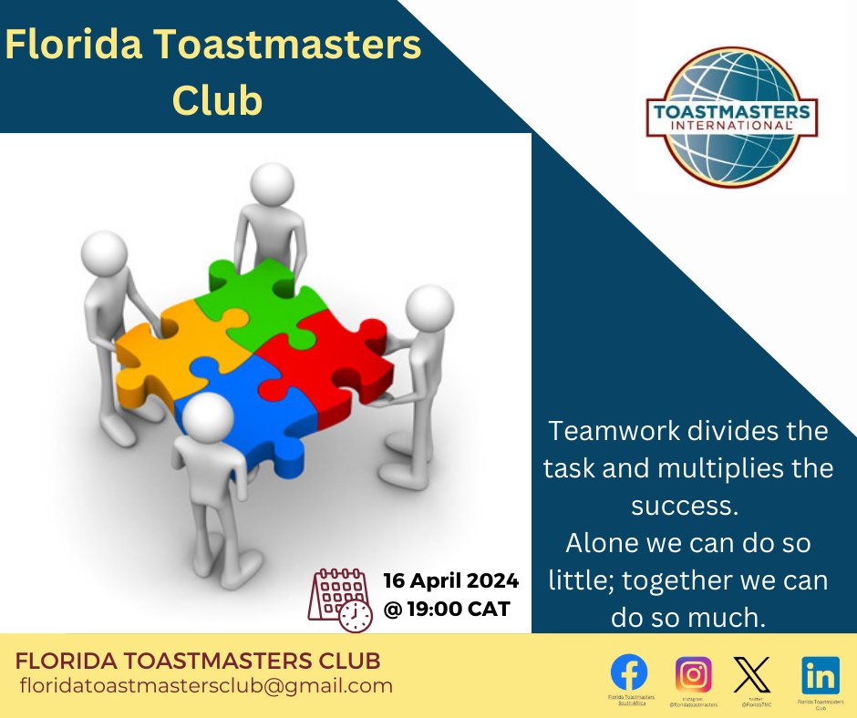 'The best teamwork comes from people who are working independently toward one goal in unison.
Join us to experience this dynamic at our next Florida Toastmasters meeting!'
Register at: bit.ly/FTC3rdTue

#floridatoastmastersclub #teamwork #publicspeaker #communicationskills