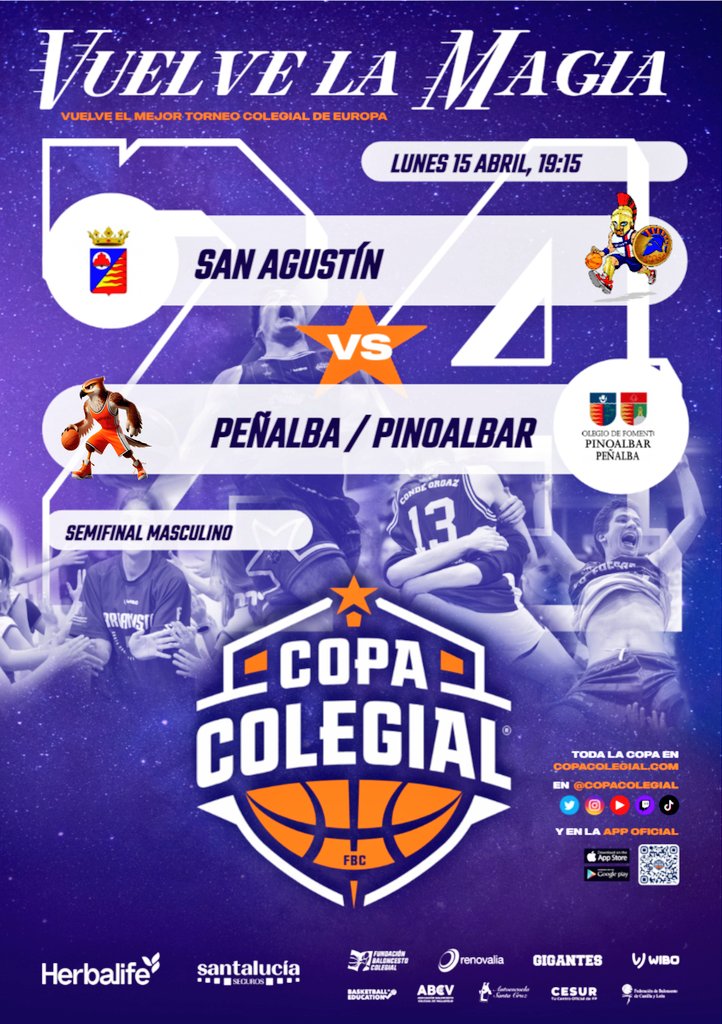 Comenzamos la semana decisiva de la competición masculina
Esta tarde semifinales simultaneas en <a href="/CopaColegialVA/">CColegial Valladolid</a>
    🏀SEMIFINALES ⛹️
📆 15/04
🏟️<a href="/InmaculadaVa/">MaristasInmaculadaVa</a>
⏰ 19:30
🐊<a href="/InmaculadaVa/">MaristasInmaculadaVa</a>
🆚
🐯<a href="/CDApostolado/">CLUB DEPORTIVO APOSTOLADO</a> 
🏟️<a href="/BasketSanAgus/">Basket CD San Agustín Valladolid</a>
⏰ 19:15
⚔️<a href="/BasketSanAgus/">Basket CD San Agustín Valladolid</a>
🆚
🦅 <a href="/FomentoEdu/">Colegios de FOMENTO</a> 
#VuelvelaMagia