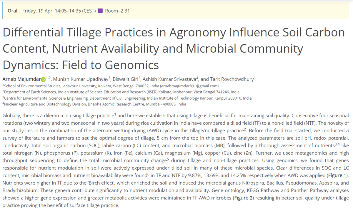 ArnabBioGeoChem's tweet photo. Are you ready to attend @EuroGeosciences #EGU 2024 !!! I will be presenting a solicited lecture on 19th of April.... Virtually, although.... but hope to discuss a lot with you guys... see my abstract details and timing below- #CarbonLoss #Agronomy #SoilHealth #MicrobialDynamics https://t.co/Zf5LhfqT2A
