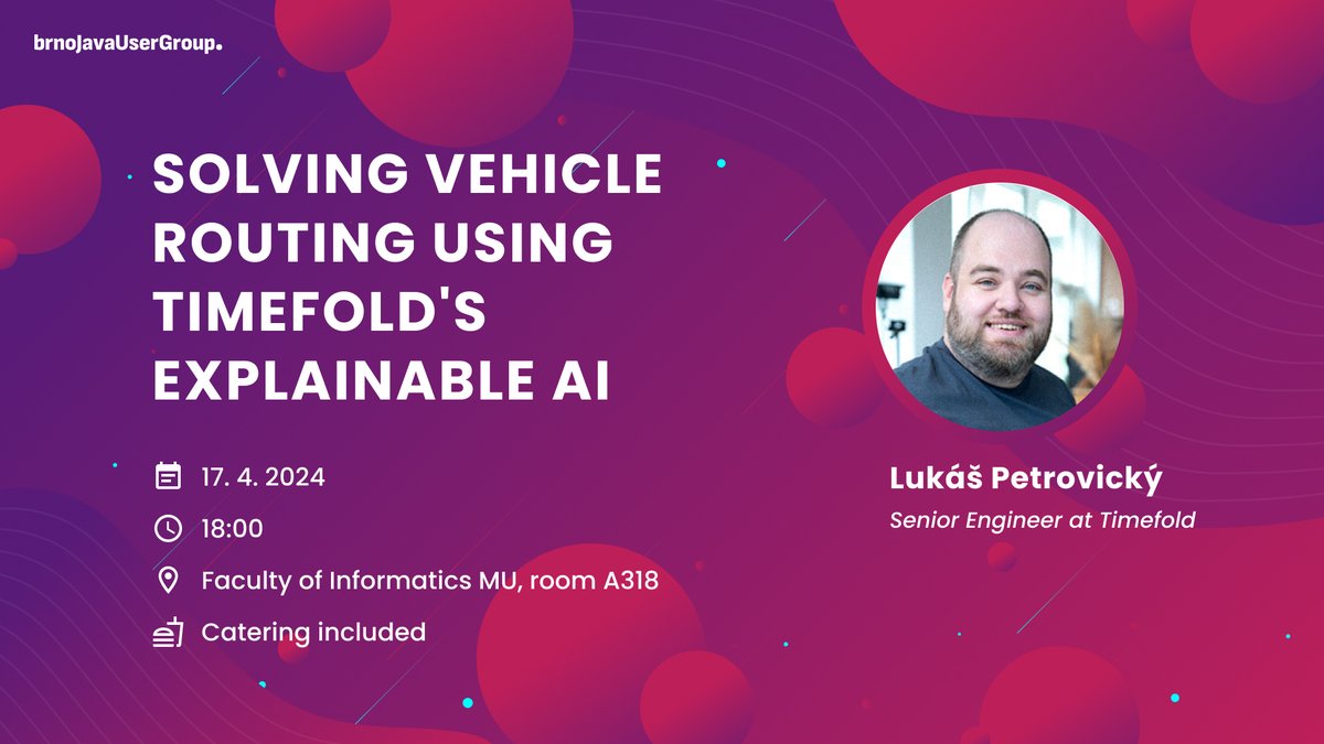 BrnoJUG's tweet photo. #bJUG talk announcement!
Solving vehicle routing using Timefold's explainable AI
Speaker: Lukáš Petrovický (@TimefoldAI)
When: 17. 4. 2024
Where: FI MUNI
Language: English
Also online! https://t.co/uDp5FHJ94Y
https://t.co/9qFq8zMKIA https://t.co/greRlduTZJ