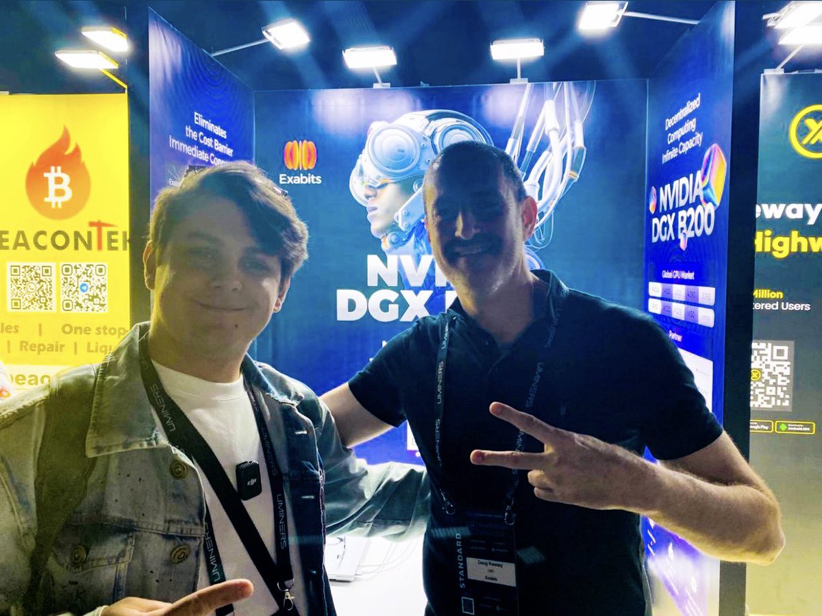 exa_bits's tweet photo. Carlos Augusto @azuldofusca the GPUs and mining content king himself with Doug, #Exabit’s CMO.
They’re diving into the world of decentralized cloud compute, powered by Exabits middleware that aggregates and accelerates consumer GPUs, while also ensuring their rock-solid stability.
Get ready for a revolution, drop by our booth G9 in Blockchain Life!🔥
#token2049dubai #blockchainlife2024