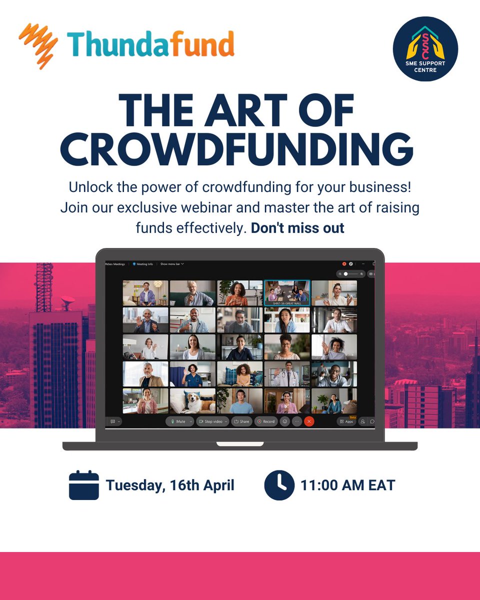 🔥 THE ART OF CROWDFUNDING WEBINAR 🔥
Join us on tomorrow, 16 April 2024 at 11.00am (EAT) for a webinar session featuring @Thundafund  talking about crowdfunding.
Learn how to leverage the power of crowdfunding for your business 💪🏾
Reserve your spot now ➡ bit.ly/3IIVrWv