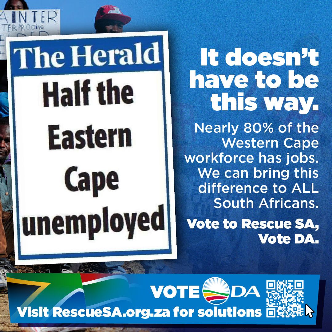 📈 Did you know that nearly 80% of the DA-run Western Cape's workforce has a job? A caring national government can end the unemployment crisis in SA. On 29 May, vote DA and be part of the mission to #RescueSA. Visit rescuesa.org.za to learn more about the DA's solutions.