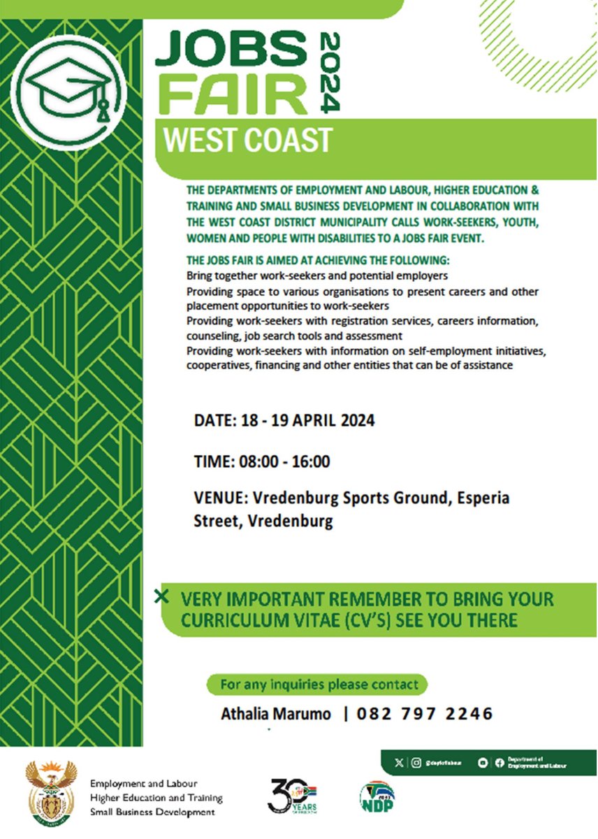 The Department calls work-seekers to a #jobsfair event,

DATE: 18 - 19 APRIL 2024
TIME: 08:00 - 16:00
VENUE: Vredenburg Sports Ground, Esperia Street, Vredenburg