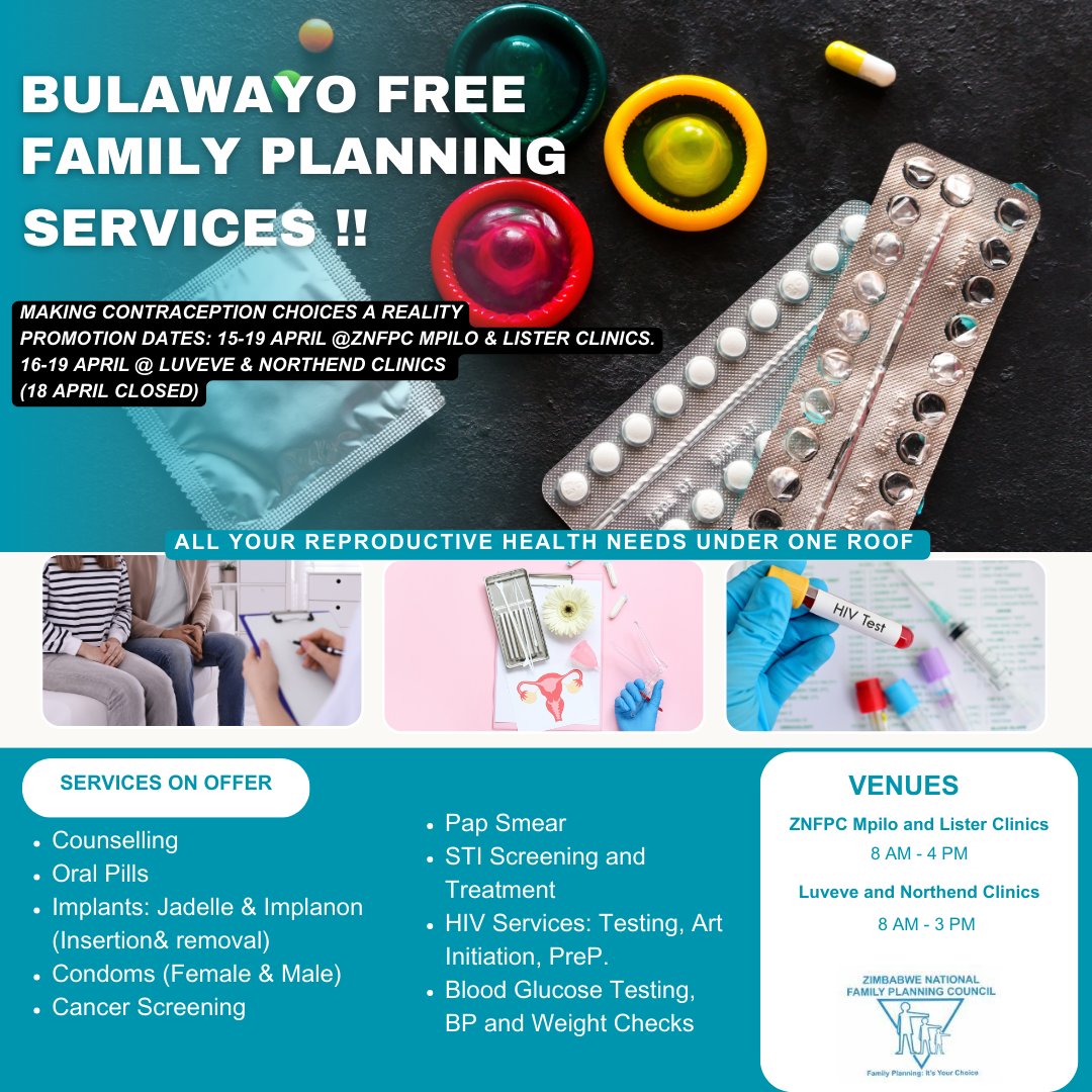 Hey Bulawayo!

This is your chance to make informed contraception choices. Get FREE family planning services at ZNFPC, Luveve and Northend clinics from 15- 19 April. 

Clinics open at 8 AM. ZNFPC closes at 4PM, city clinics at 3 PM for this free service. #womenshealthmatters