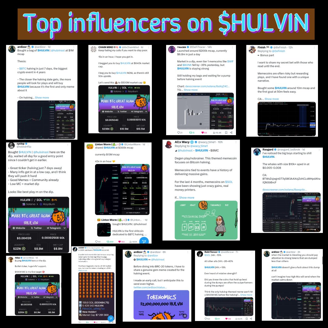 Why are we super bullish 🚀 on $HULVIN (@hulvinsol) & aiming #BILLIONDOLLAR MC🎯? #HULVIN got them 👇 @0xChainMind @ardizor @wacy_time1 @0xFinish @DeFiTracer @rektfencer @nobrainflip @DeFiMidas @leshka_eth @LintonWorm @0xReflection @0xStartt @Danny_Crypton @0x_gremlin Let's go