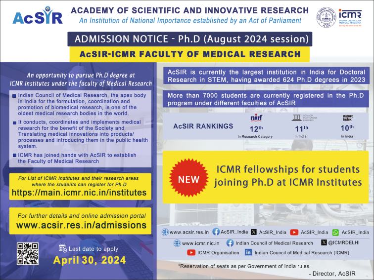 🌟 Unlock Your Research Journey through AcSIR! 🌟 Are you passionate about biomedical sciences? 🧬🔬 Ready to make a difference in healthcare and research? Look no further! 🌐 🔍 ICMR JRF Admissions 2024 are now open! 📝 Join the ranks of future scientists, explorers, and