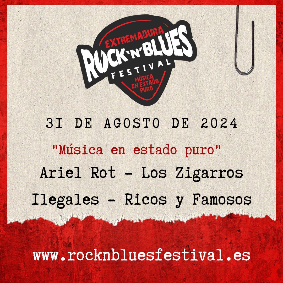 Parece que aún queda tiempo para la décimo tercera edición del Rock N´ Blues Festival 2024, pero las entradas van cayendo a buen ritmo. NO TE QUEDES SIN DESPEDIR EL VERANO CONO MERECE!! @arielrotoficial @loszigarros @ilegalesrock @somosricosyfamosos !!!