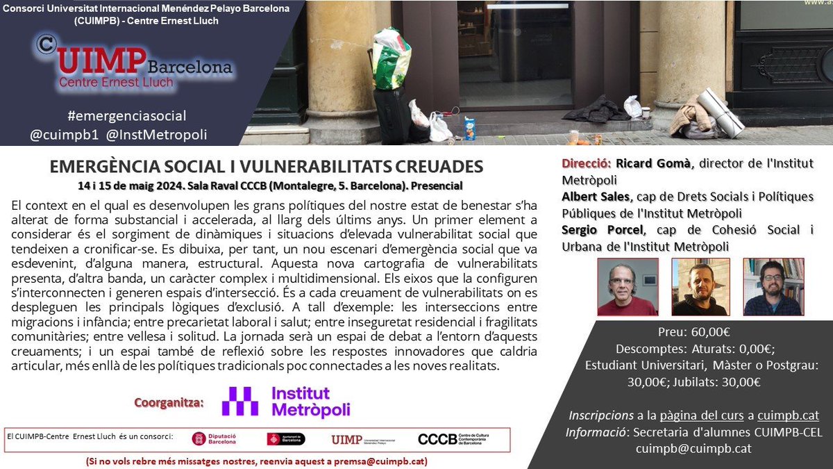 Emergencia de nuevos riesgos sociales, interseccionalidades y desajustes del Estado de Bienestar. De todo ello hablaremos en el curso: 'Emergència social i vulnerabilitats creuades' 14 i 15 de mayo 🚨 @cuimpb1 @InstMetropoli #CCCB 👉 cuimpb.cat/ca/curs/304-em… #emergenciasocial